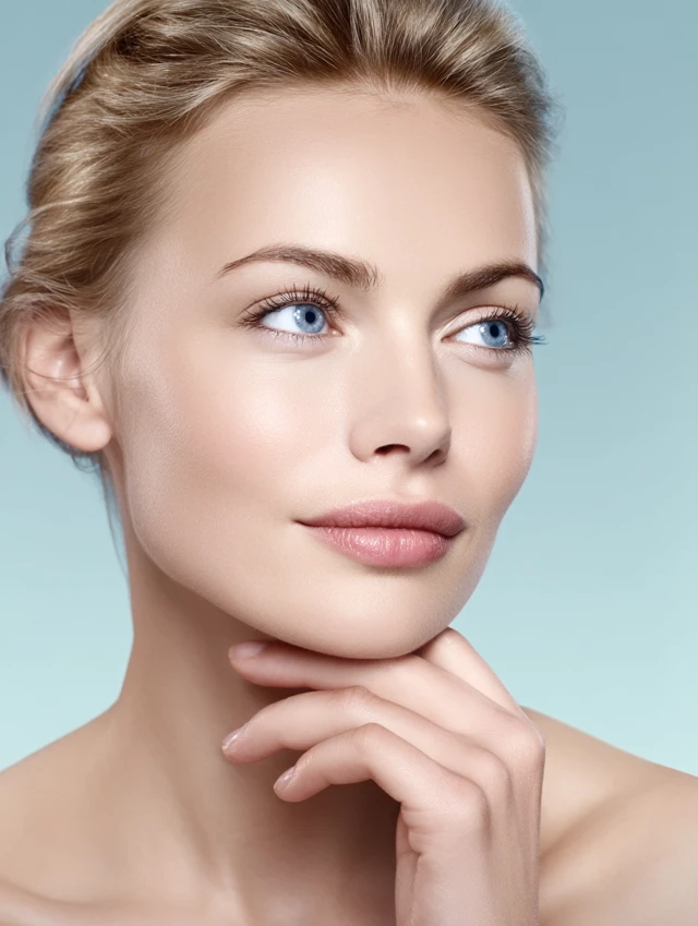 Beauty Model Showing Skincare Effect Light Blue Background