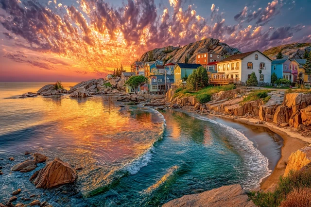 Coastal Town at Sunrise Picturesque Scenery