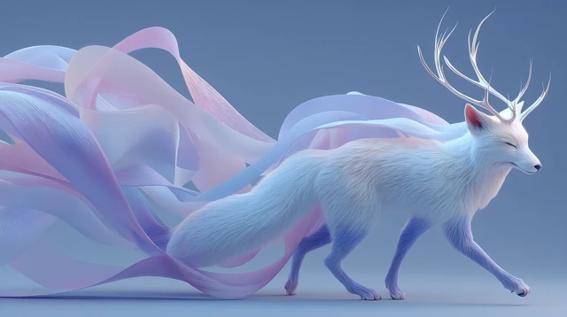 Ethereal 3D Fox with Antlers and Flowing Ribbons