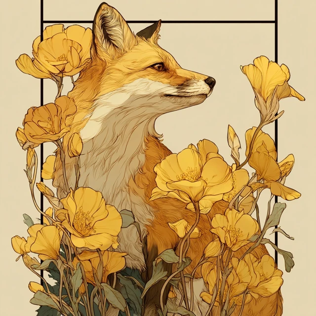 Japanese Fox with Yellow Flowers Art