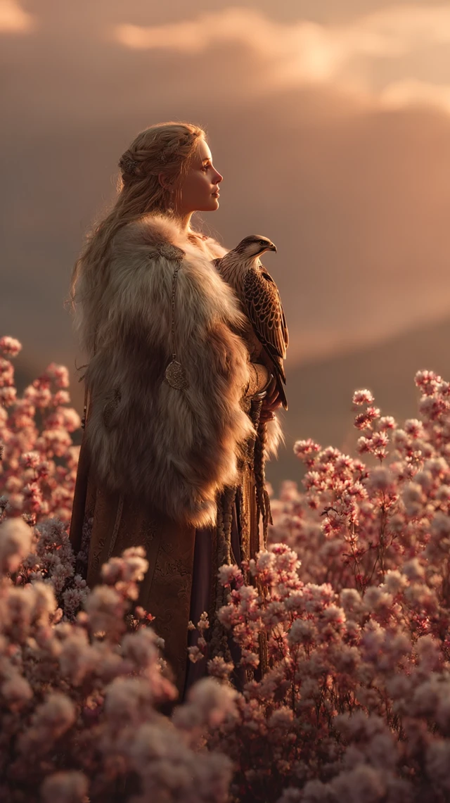Norse Goddess in a Field of Flowers Falcon Sunset