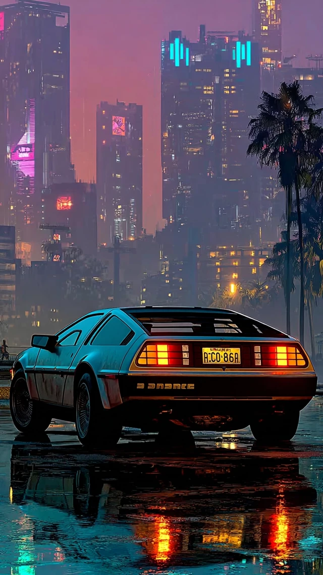 Futuristic DeLorean in Neon Cityscape
