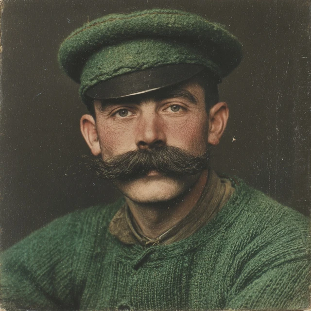 British Man Green Military Cap and Mustache
