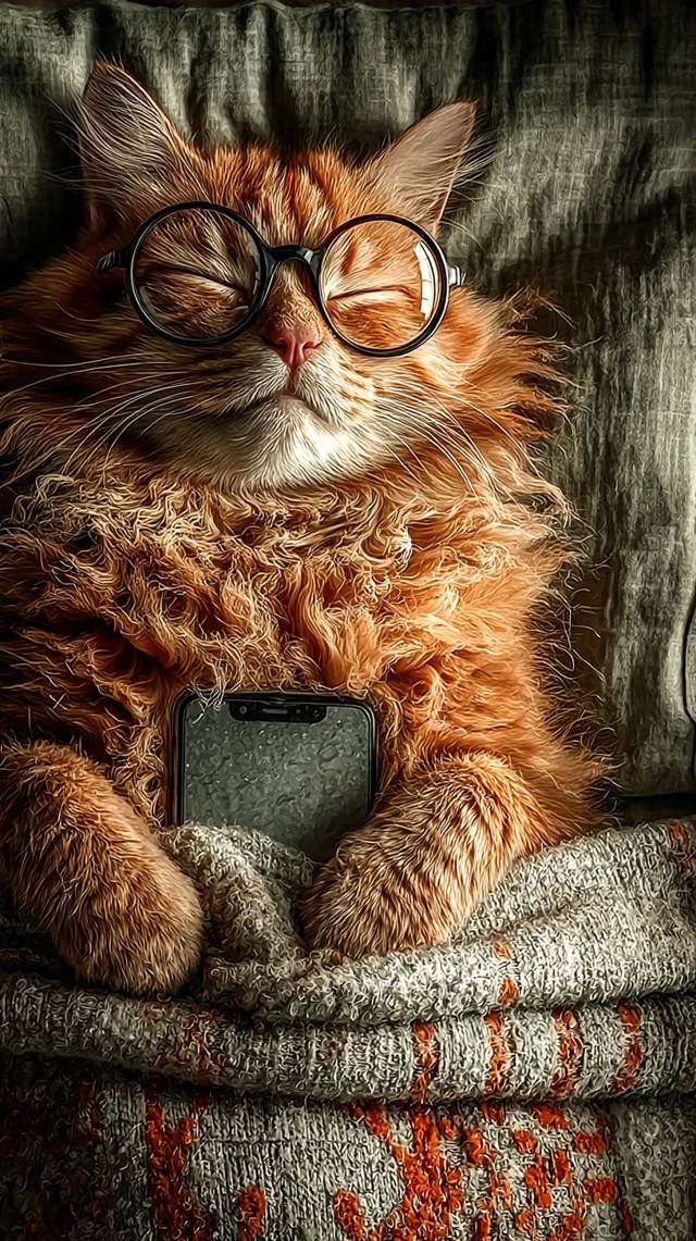Orange Cat Relaxing with Glasses Cozy Bedroom Scene