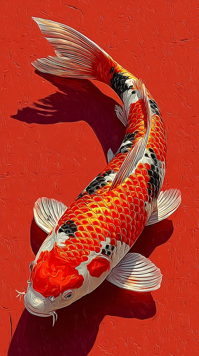 Colorful Koi Fish Art on Red Background