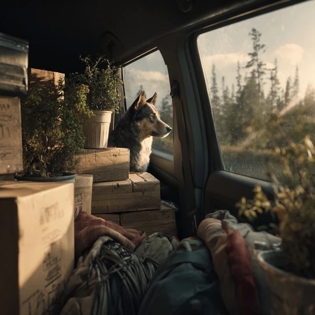 Dog in Car Moving Day Journey