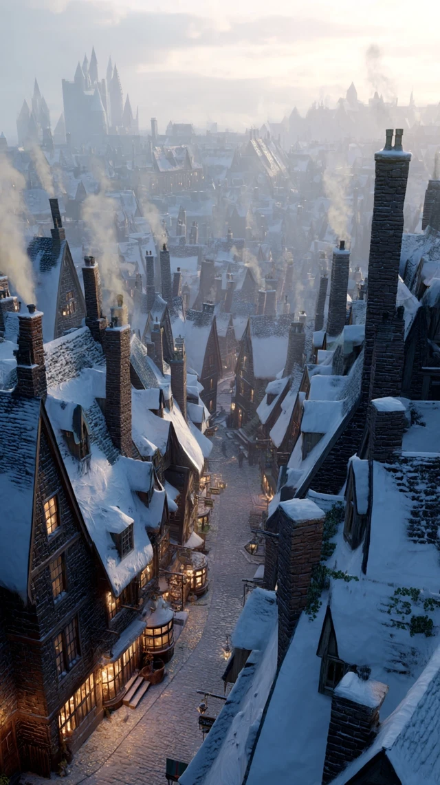 Hogsmeade Village in Winter Magical Scene