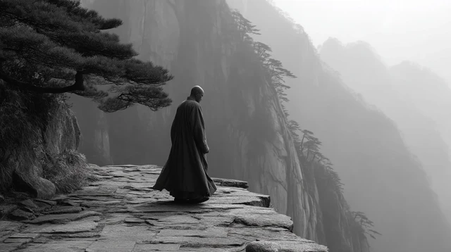 Solitary Monk Ritual in Chinese Mountains