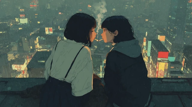 Anime Girls City Rooftop Smoke Art