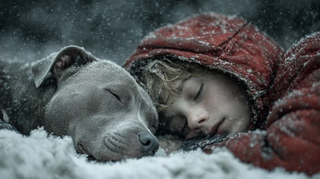Boy and Dog in Snow Emotional Winter Scene
