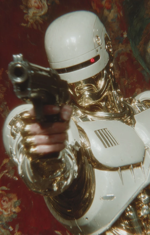 Cyberpunk Robot Warrior Pointing Gun