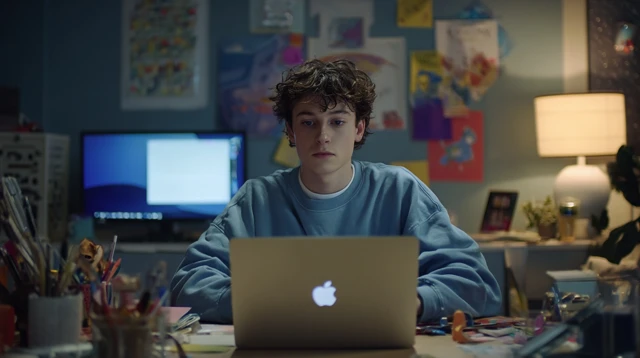 Gen Z in Oversized Blue Outfit with MacBook in Office