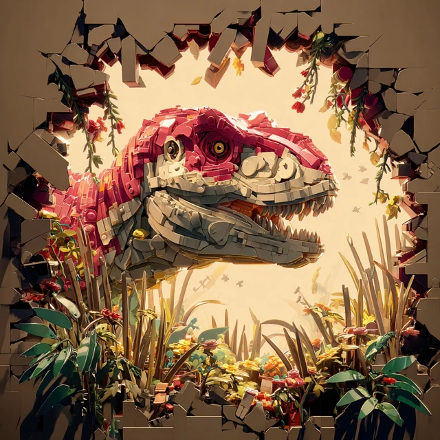 Lego Dinosaur Breaking Wall Colorful Illustration