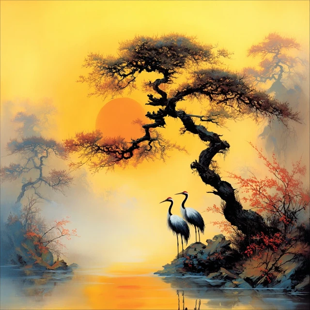 Roger Dean Inspired Landscape with Birds and Sunset