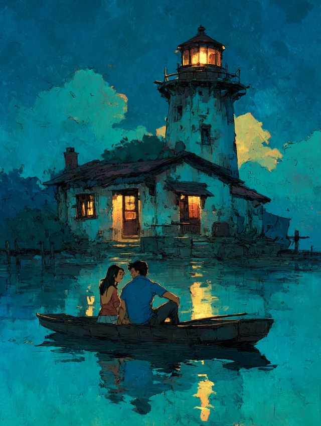 Romantic Couple in Boat by Lighthouse Painting