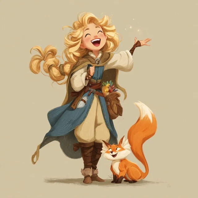 Half Elf Druid Girl and Fox Pet Art