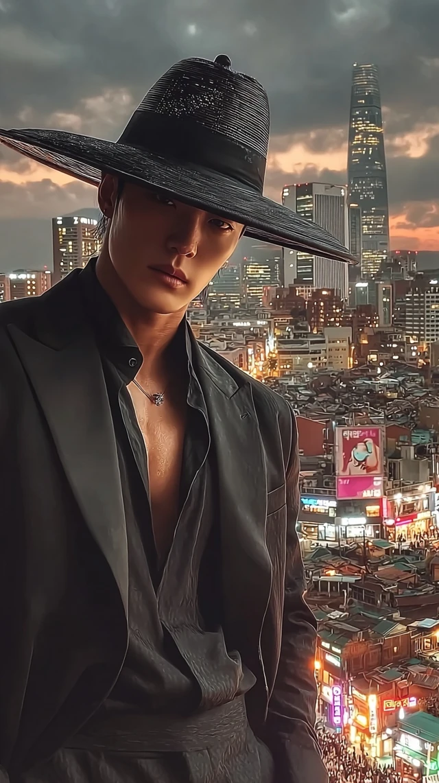 Seoul Night Asian Man in Black Gat and Suit