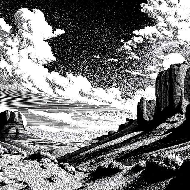 Arizona Plateau Comic Illustration Black and White