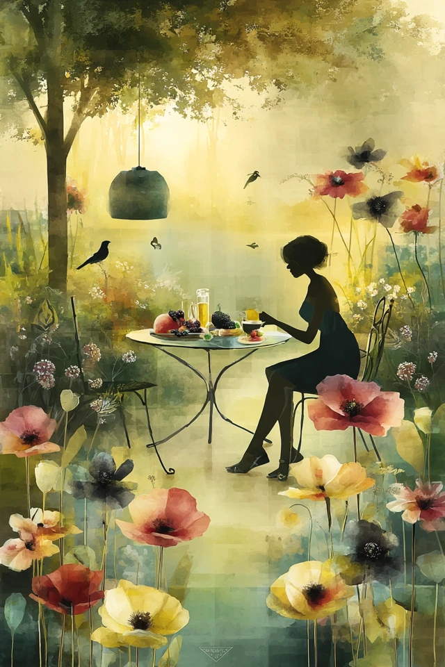 Garden Scene Woman at Table Watercolor Art