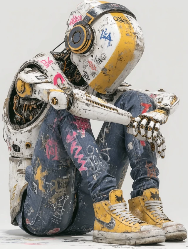 Graffiti Robot Art with Sneaker on White Background