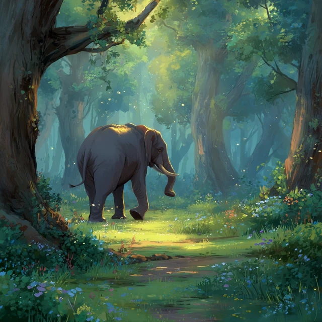 Elephant in the Woods Cartoon Illustration