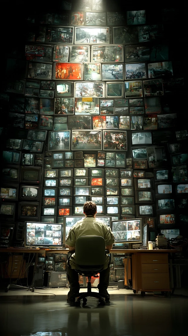 Surveillance Room: Man and Screens