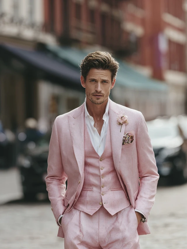 Elegant Man in Pink Suit Vogue Fashion Editorial