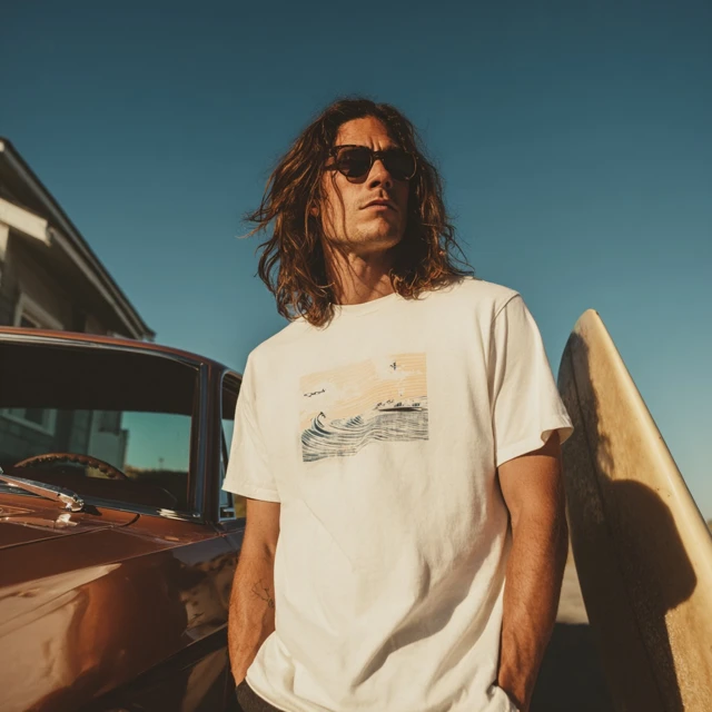 Surfer Boy in White Tee with Vintage Car Lookbook