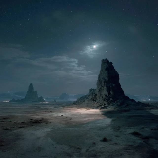 SciFi Desert Night Moonlight Photorealistic Landscape