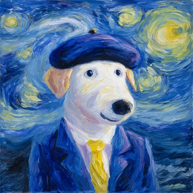 Dog in Beret and Suit Van Gogh Style Painting