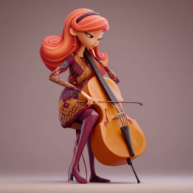 Cartoon Girl Playing Cello 3D Illustration