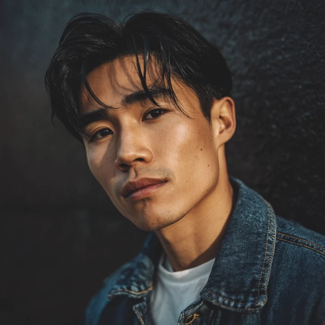 Handsome Asian Male in Denim Jacket Portrait
