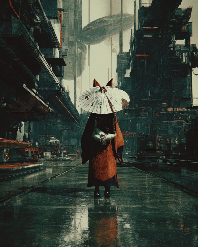 Kitsune in Cyberpunk City Velvia Aesthetic