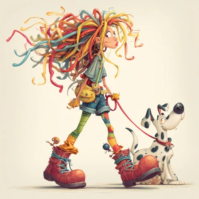 Quirky Girl and Dog Cartoon Illustration