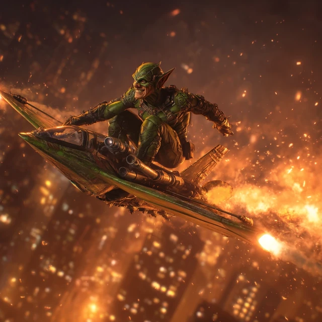 Green Goblin Flies Over City of Fire