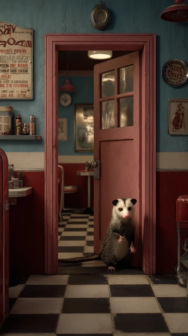 Opossum Enters Diner Realistic Illustration