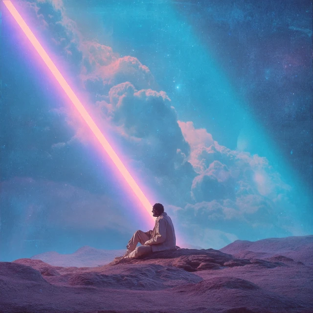 Dreamy Space Scene A Lonely Person in Neon Light