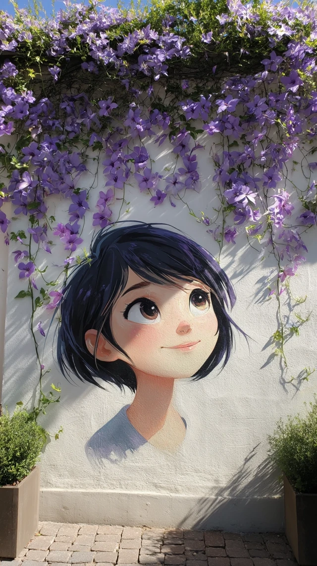 Anime Girl Mural with Flowers Wall Art