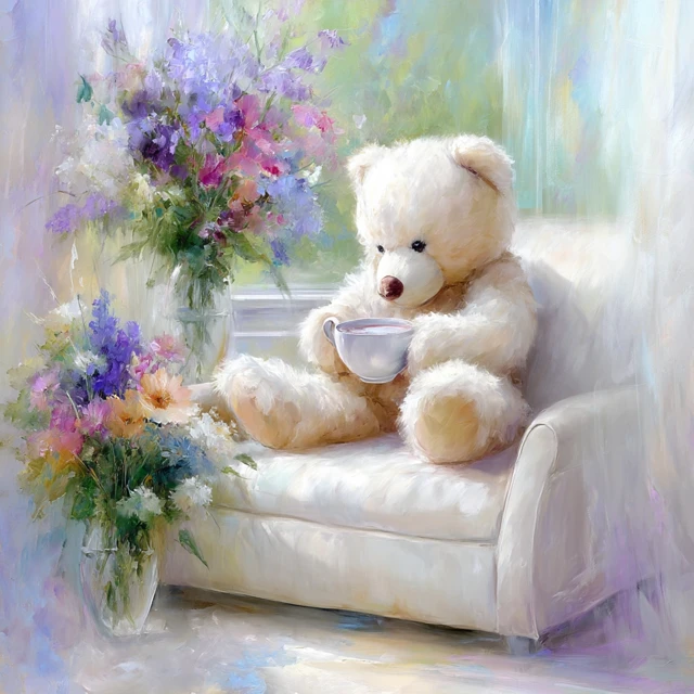 Teddy Bear with Coffee and Flowers Painting