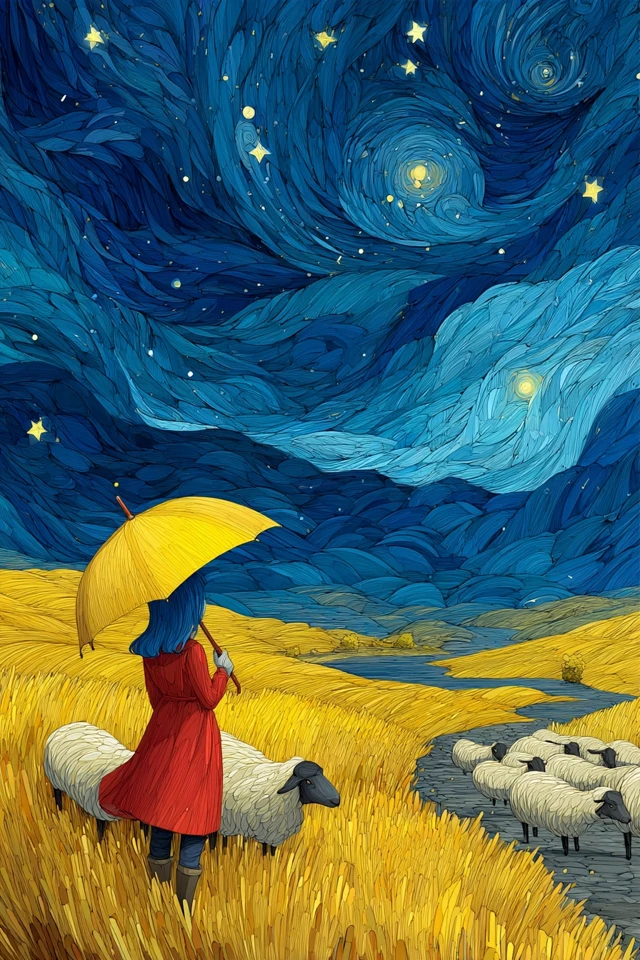 Van Gogh Inspired Girl with Umbrella and Sheep