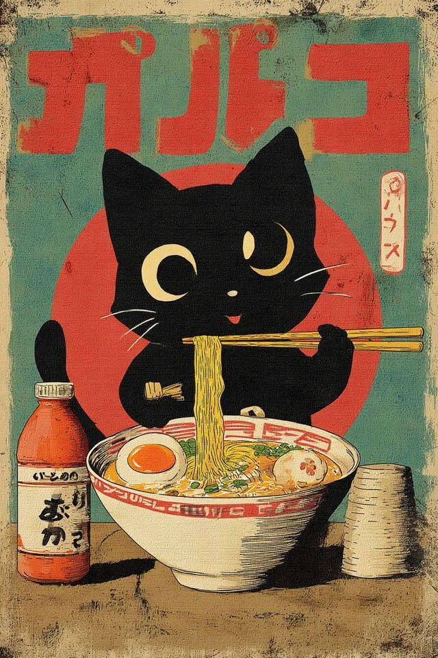 Kawaii Black Cat Ramen Art Hayao Miyazaki