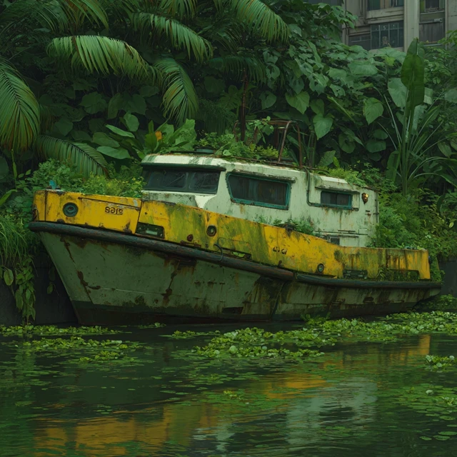Abandoned Boat in Lush Jungle Cinematic Artwork