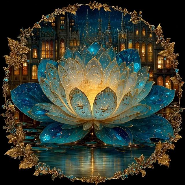 Fantasy Lotus Flower with Gothic City at Night