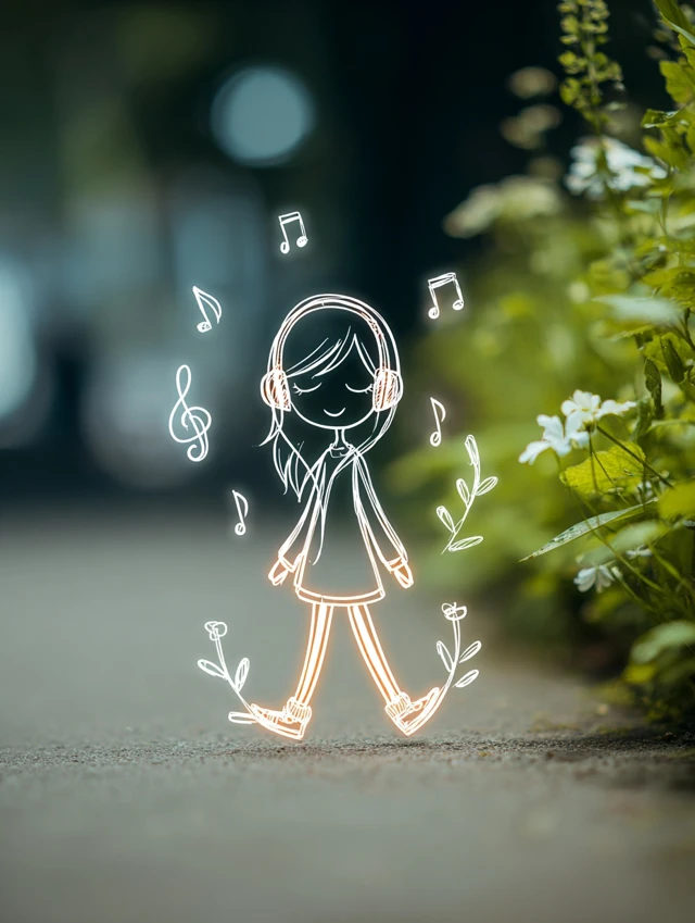 Girl Listening to Music Minimalist Illustration