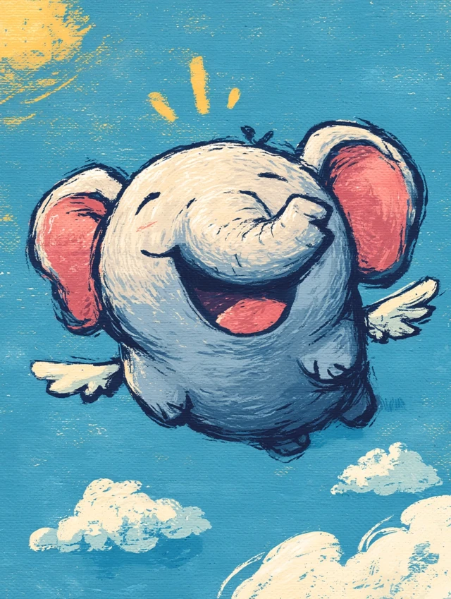 Flying Cartoon Elephant in the Sky - Happy Illustration