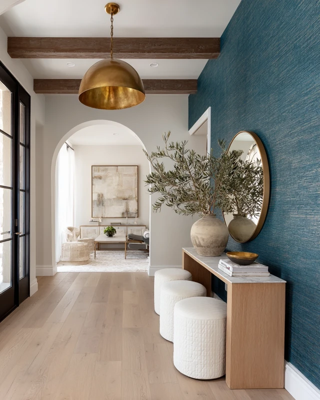 Elegant Foyer Design with Venetian Stucco and Oak Wood
