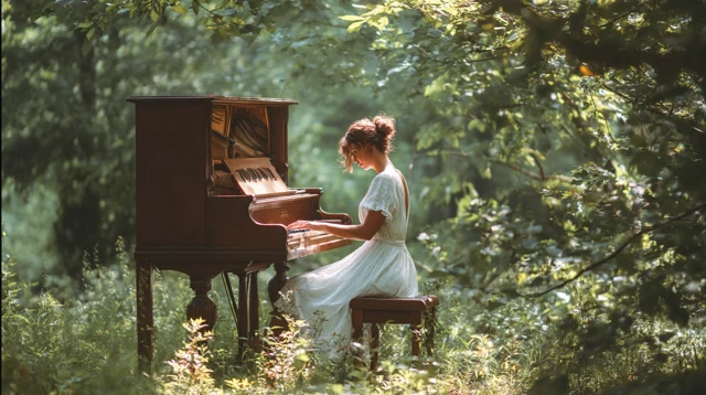 Woman Playing Piano in Spring Forest Morning Sunlight