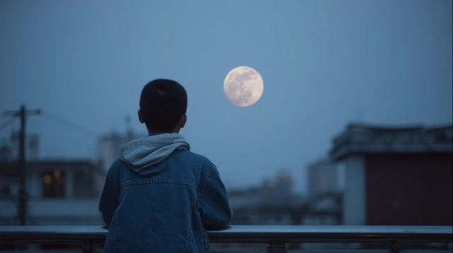 Young Chinese Man Gazing at Moonlit Sky