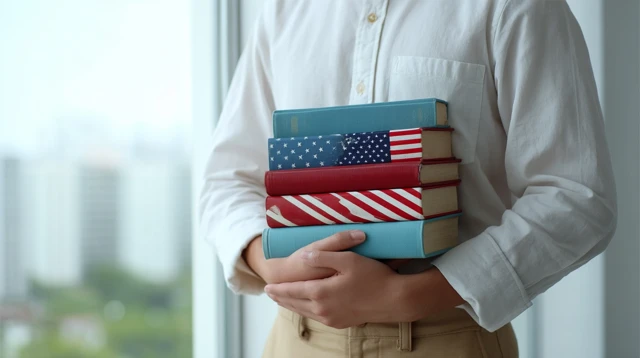 Academic Holding Books American Flag Back View