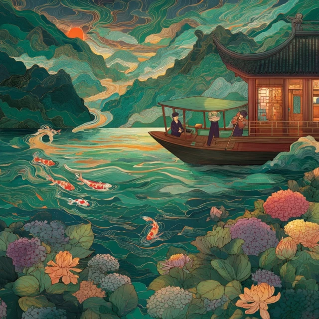 Van Gogh Inspired Painting of a Boat on a River